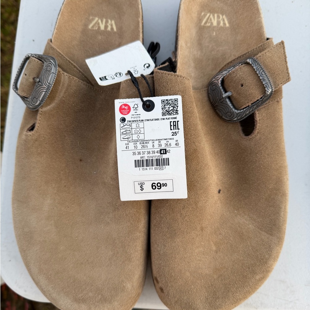 Zara Beige Suede Buckle Slides